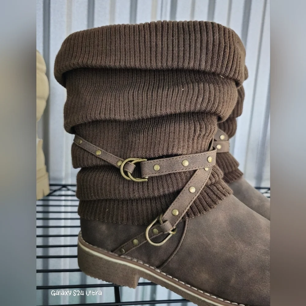Brown Knit Cuff Boots with Buckle Detail BY: Justfab - Picture 2 of 6